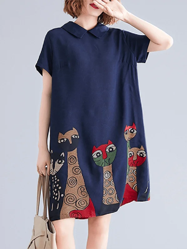 Breathable Comfort Short Sleeve Lapel Loose Back Button Animal Printed Dress for Women