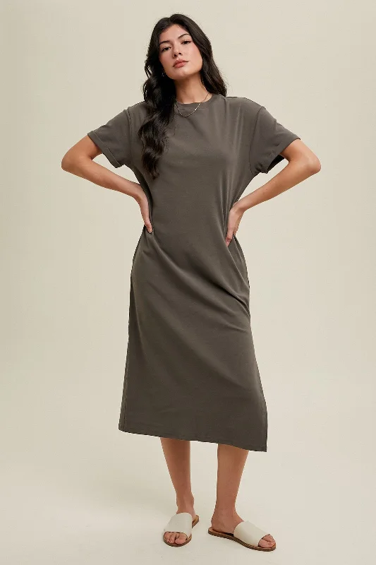 Versatile Style Charcoal Basic Side Slit Midi Dress