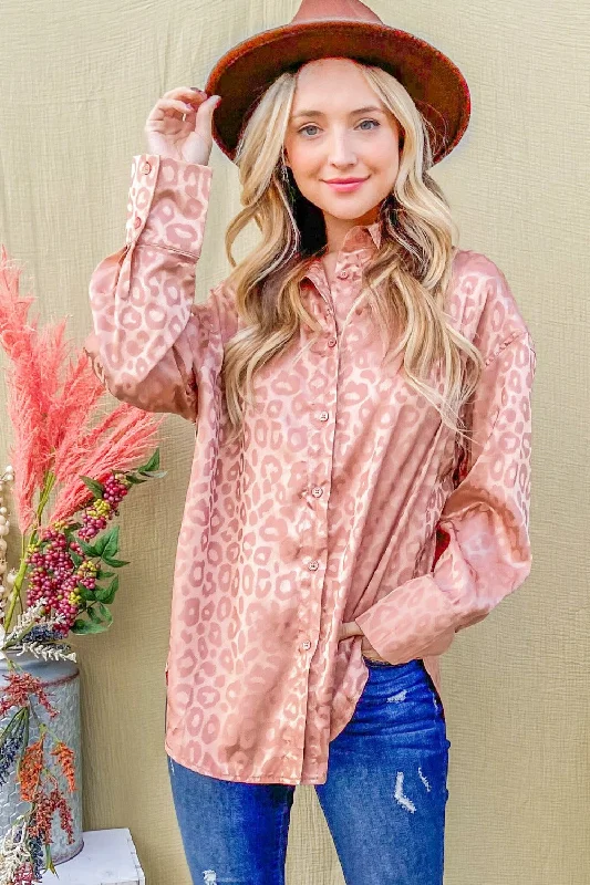 Relaxed Dresses Satin Leopard Button Up Curved Hem Shirt