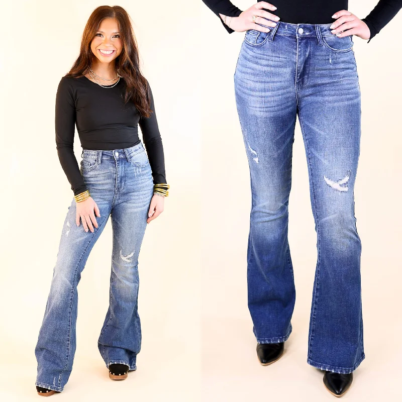 Timeless Style Judy Blue | Modern Groove High Waisted Destroy Flare Jean in Contrasting Dark Wash