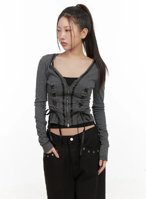 Relaxed Fashion Eyelet Lace-Up Long Sleeve Cardigan CD416