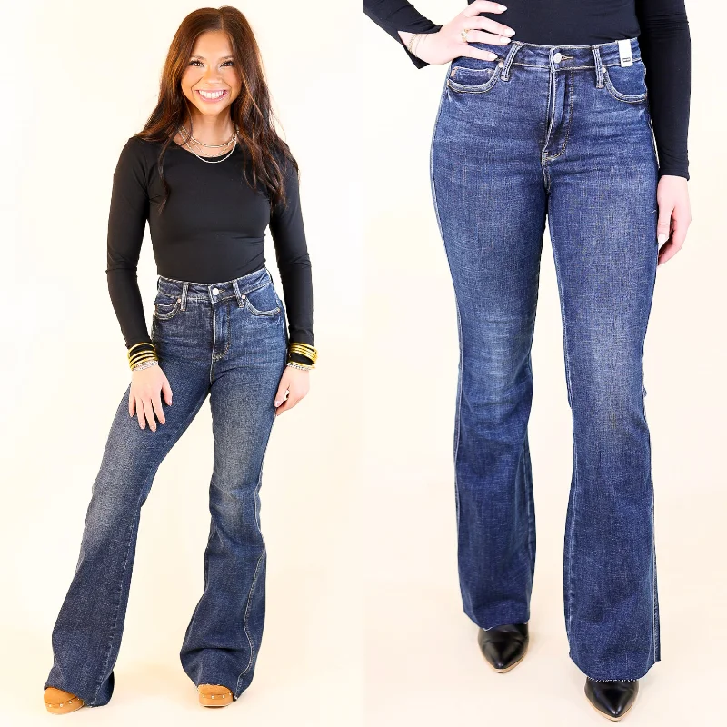 Weekend Comfort Judy Blue | City Chic High Waisted Tummy Control Flare Jean with Shield Back Pockets in Dark Wash