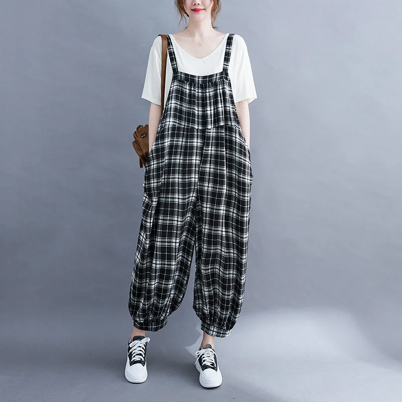 Sporty Comfort Vintage Plaid Plus Sizes Jumpsuits for Women