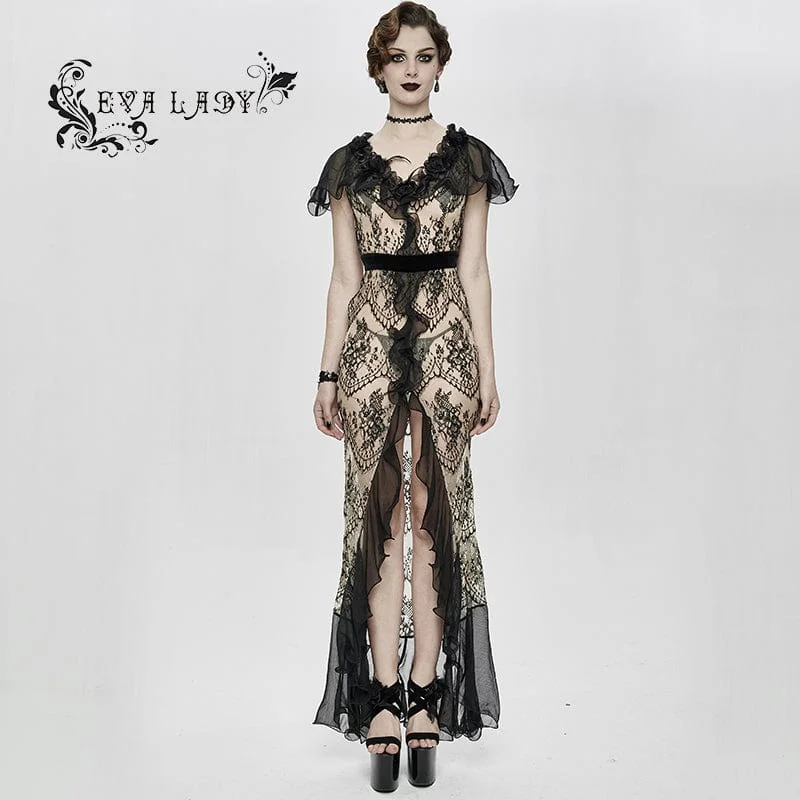 Soft Comfort Women's Gothic Turn-down Collar Sheer Floral Lace Dovetail Dress