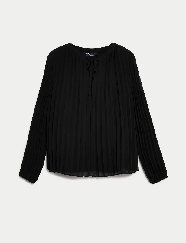 Comfortable Fashion Pleated Tie Neck Popover Blouse