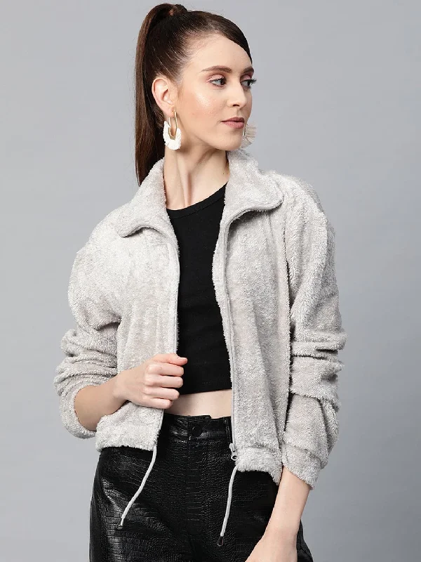 Simple Chic Grey Drawstring Faux Fur Jacket