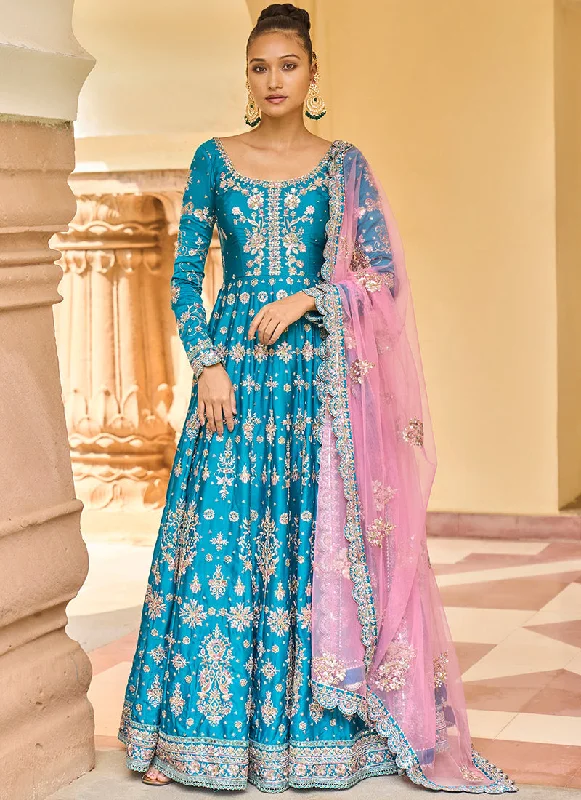 Casual Comfort Teal Embroidered Satin Anarkali