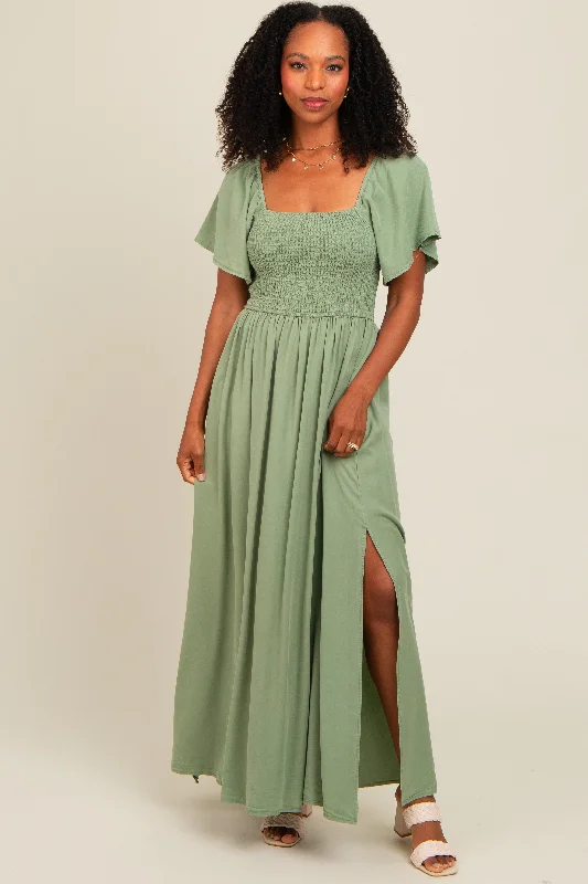 Comfortable Tops Light Olive Chambray Smocked Maxi Dress