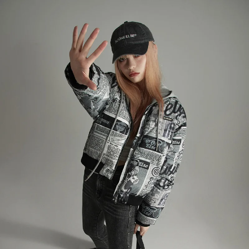 Newspaper Collage Padded Crop Jacket