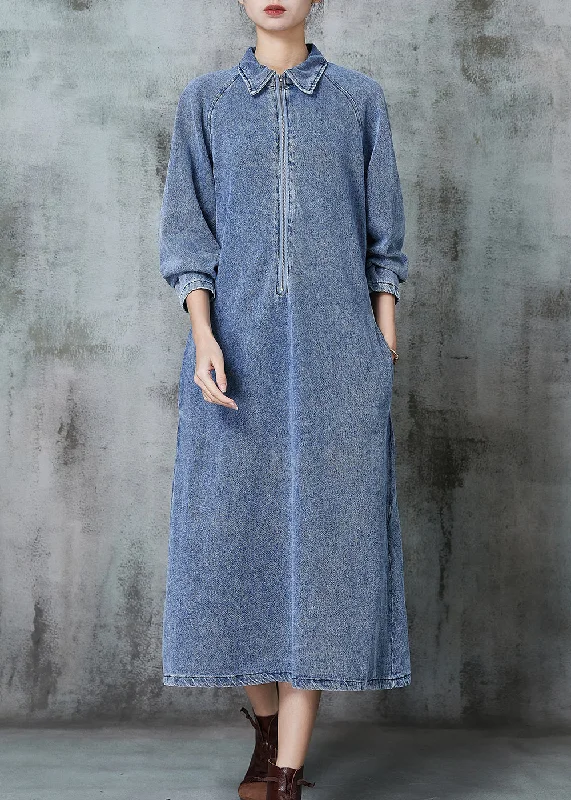 Cozy Outfit Beautiful Blue Zip Up Denim Maxi Dresses Spring