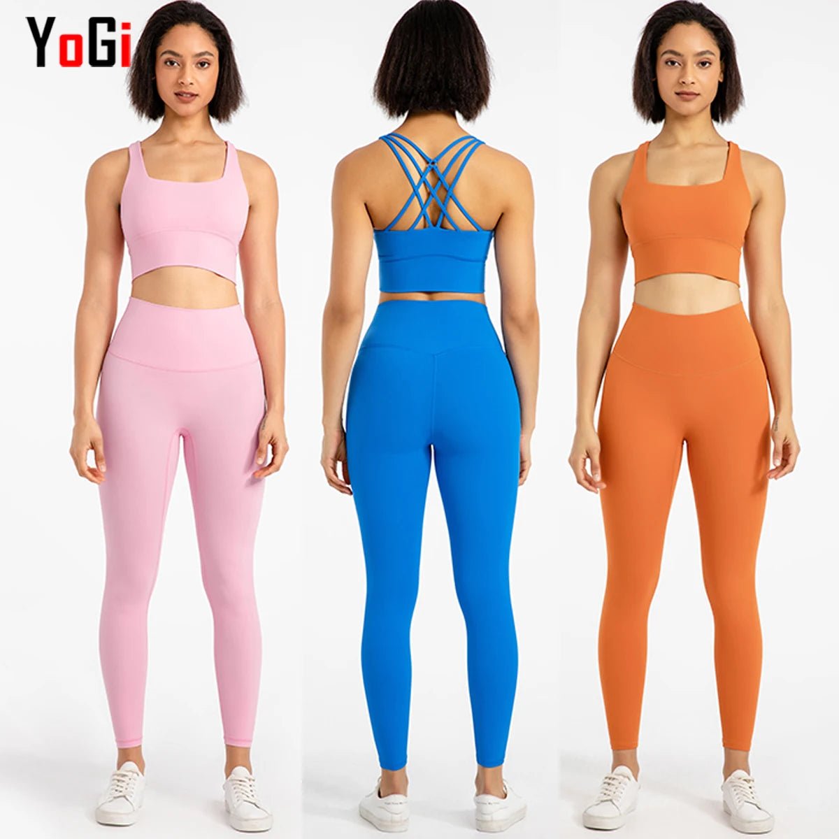 Sporty Comfort Women's High Waist Leggings Set - 30 Colors - Cross Back Bra Top - Gym Athletic Yoga