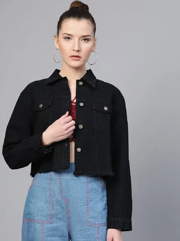 Relaxed Tops Black Denim Raw Edge Jacket