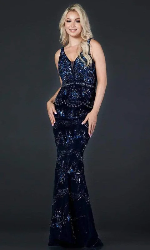 Weekend Comfort Trevi Collection - L2371 V Neck Beaded Evening Sheath Gown