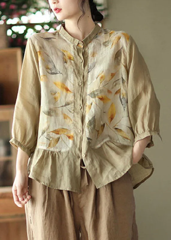 All-Day Outfits Khaki Print Linen Blouses Ruffles Peter Pan Collar Three Quarter sleeve