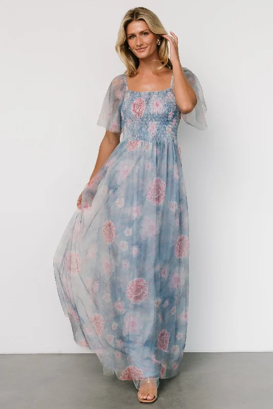 Breathable Style Cassandra Tulle Maxi Dress | Light Blue + Pink Floral