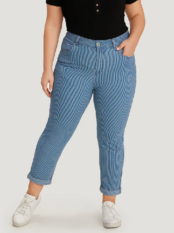 Soft Feel Striped Print Roll Hem Zipper Fly Jeans