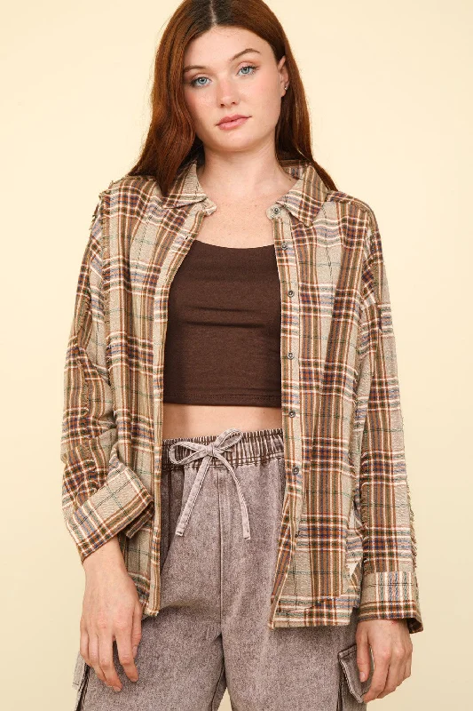 Cozy Sweaters Contrast Plaid Raw Detail Shirt