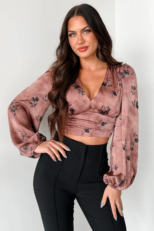 Comfortable Jeans Just Say When Satin Floral Long Sleeve Top (Brown)