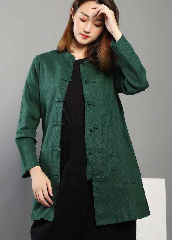 Plus Size Green low high design Chinese Button Spring Shirt Tops