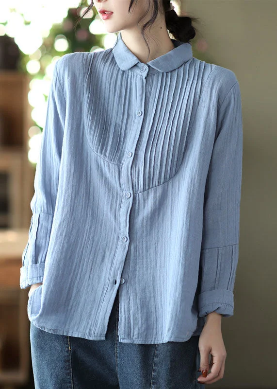 Cozy Lounge Wear Light Blue Patchwork Button Cotton Shirt Tops Spring