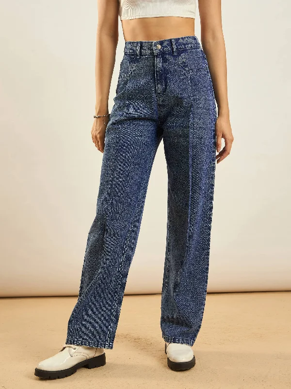 Effortless Outfits Women Blue Washed Front Darted Straight Fit Jeans