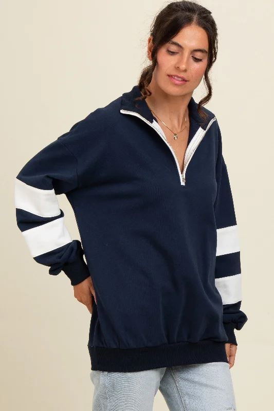 Stylish Wear Navy Half Zip Stripe Sleeve Pullover