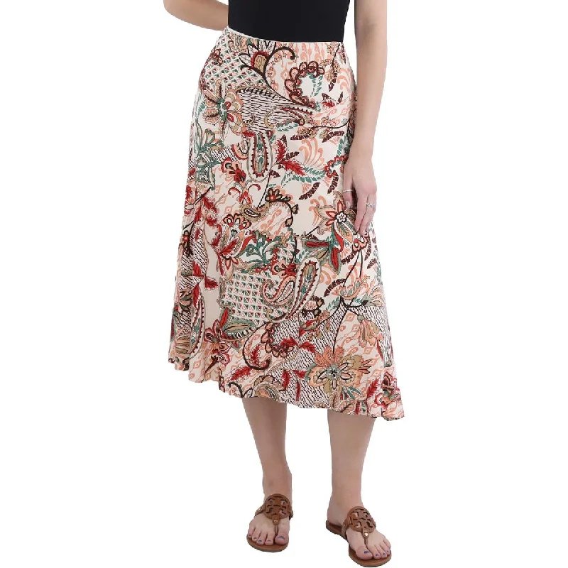 Sporty Elegance Womens Floral Print Side Zipper Midi Skirt