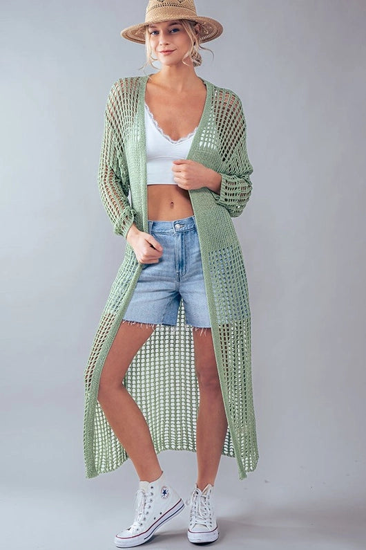 Relaxed Jackets Women's Crochet Lace Long Summer Cardigan in Sage