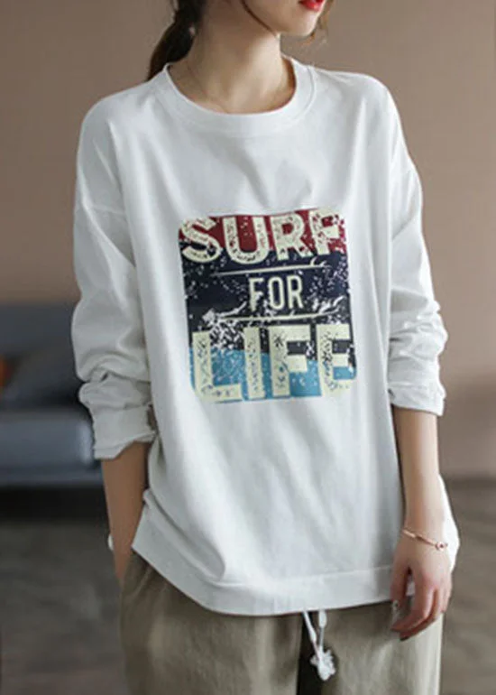 Relaxed Tops Italian White O-Neck Print Cotton Sweatshirt Streetwear Long Sleeve