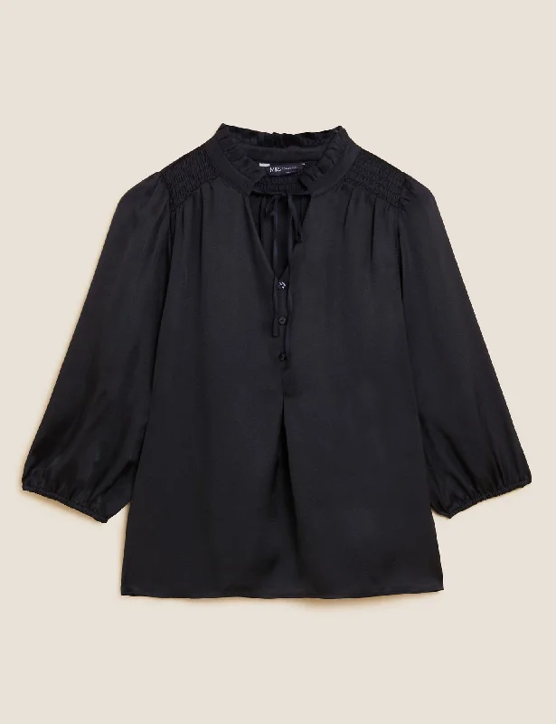 Comfortable Chic Tie Neck Frill Detail 3/4 Sleeve Blouse