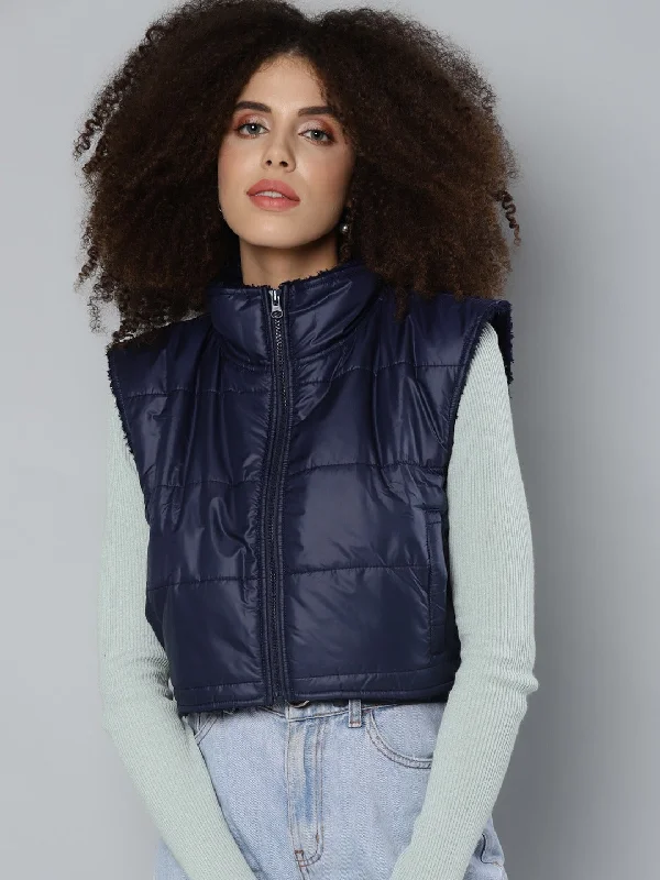 Cozy Chic Wear Navy Fur Lined Sleeveless Crop jacket