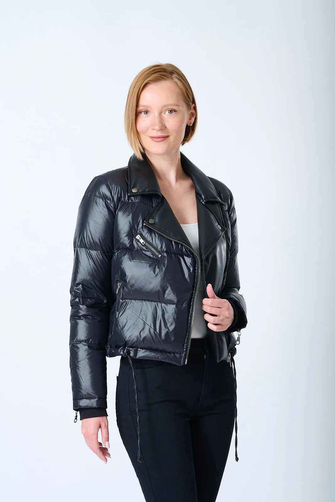 Cozy Outerwear Faux Leather Moto Puffer