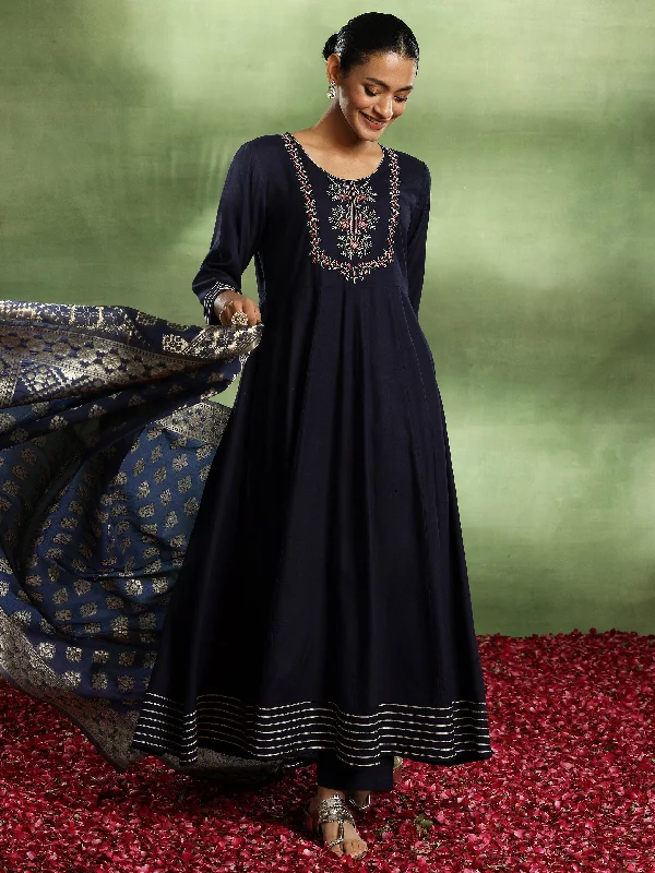 Comfortable Sweaters Blue Yoke Design Rayon Anarkali Suit With Dupatta