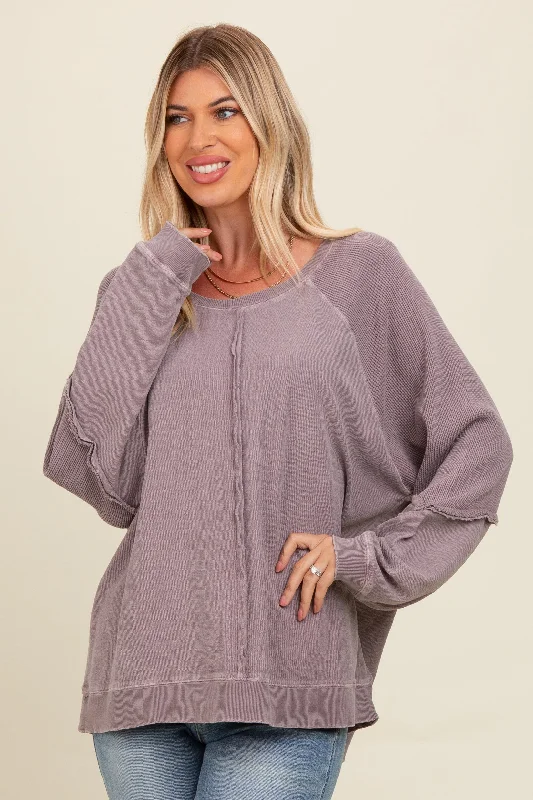 Elegant Dressing Taupe Mixed Knit Raw Hem Pullover Top