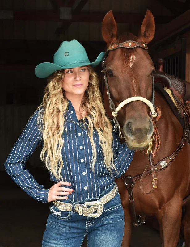 Chic Outfits Cowgirl Tuff Pullover Denim Shirt with Striped Crystal Embellishing