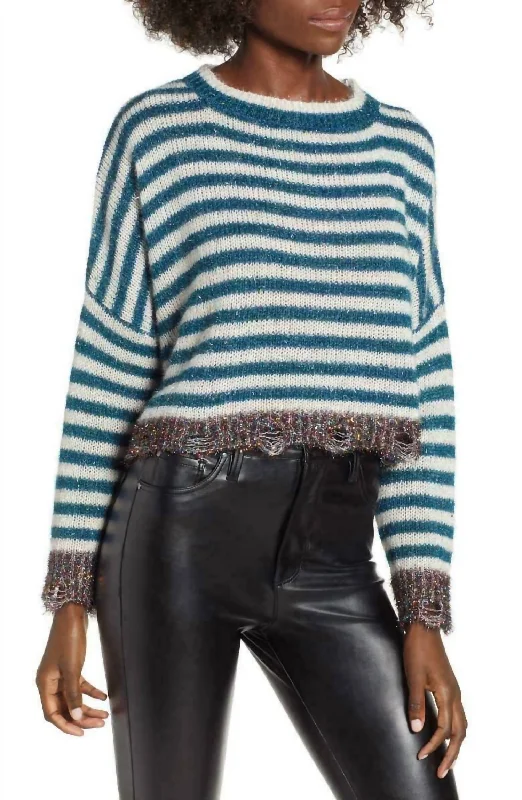 Tinsel Stripe Metallic Crop Holiday Christmas Long Sleeve Sweater In Multicolor