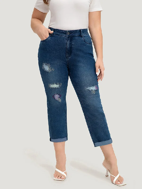 Soft Clothing Ripped Embroidered Roll Hem Very Stretchy Jeans