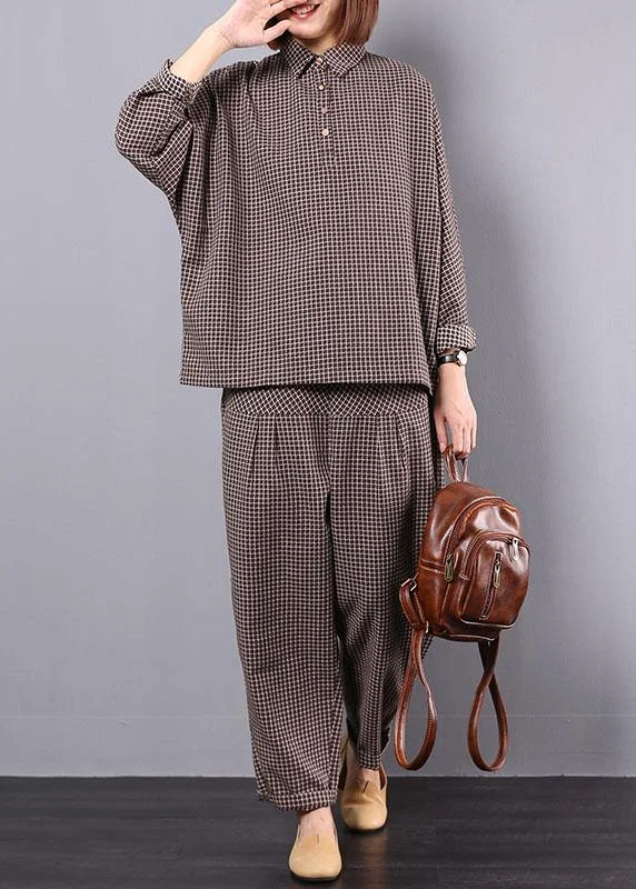 Trendy Casuals khaki plaid vintage cotton linen two pieces long sleeve shirt with women casual pants