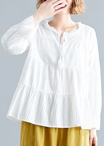 Soft Fabrics Italian white v neck cotton linen tops women blouses patchwork daily fall blouse