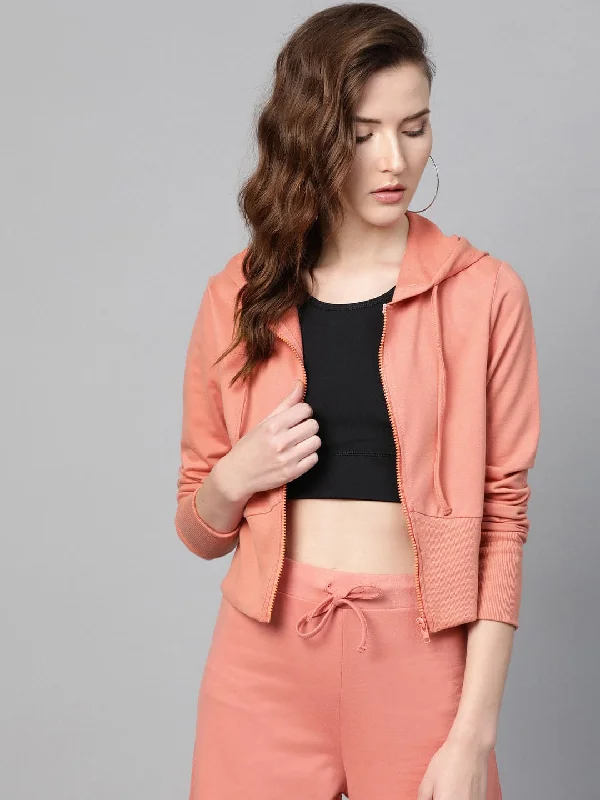 Sporty Wear Peach Terry Hooded Jacket