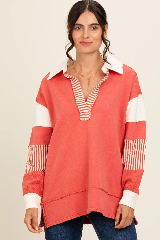 Effortless Wear Rust Colorblock Stripe Polo Pullover Top