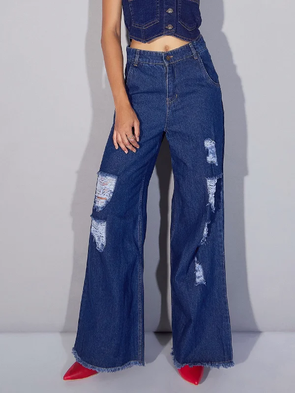 Fashion Comfort Women Blue Ripped Distress Straight Jeans