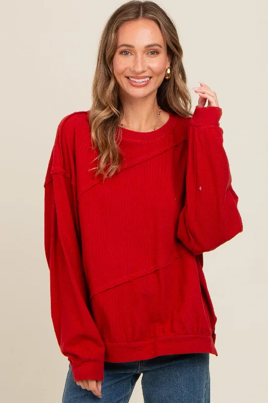 Soft Knitwear Red Exposed Seam Dolman Sleeve Sweatshirt