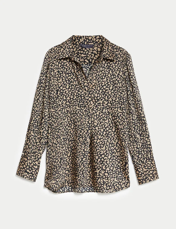 Stylish Ease Printed Collared Popover Blouse