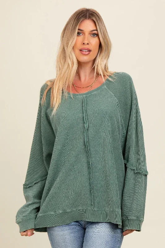 Soft Feel Forest Green Mixed Knit Raw Hem Pullover Top