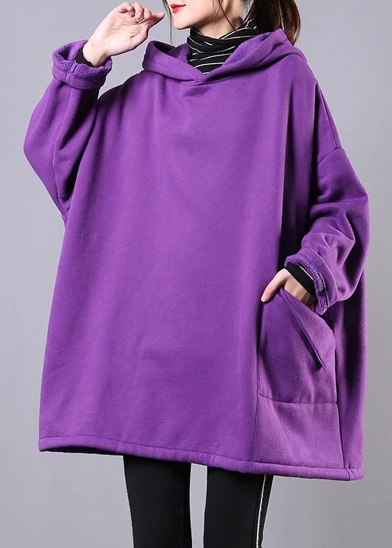 Comfort Fit Italian purple cotton clothes For Women hooded pockets Midi shirts