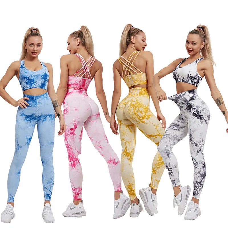 Comfortable Fashion Looks Yoga set Womens Best Selling High Waist Leggings And Bra Top Tie Dye seamless yoga set