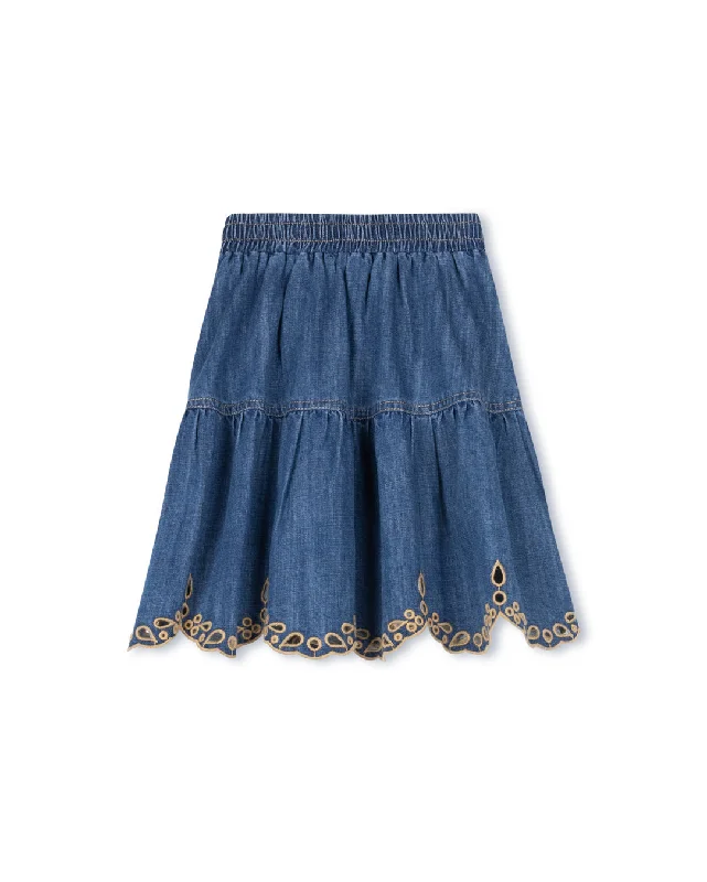 Comfortable Tops Embroidered Eyelet Denim Skirt