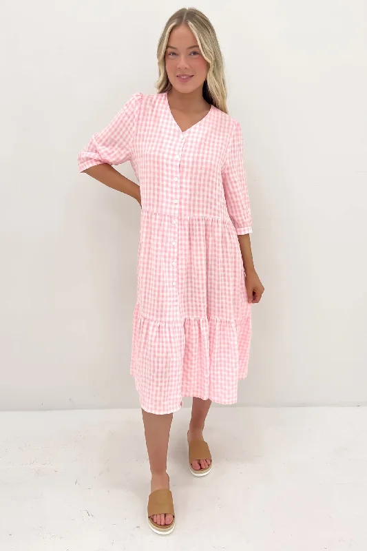 Soft Layers Kaylah Midi Dress Pink Gingham