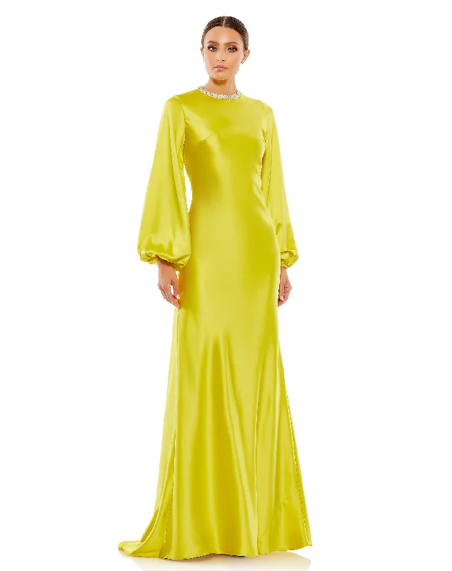 Easy Chic Satin Long Blouson Sleeve Evening Gown